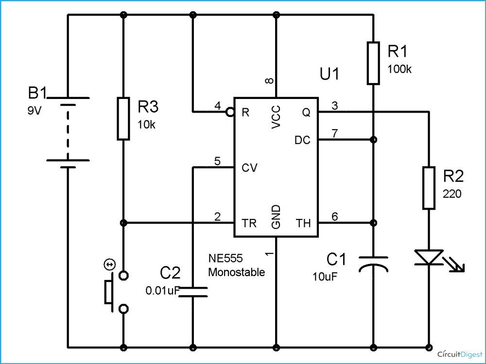 555 Timer Monostable Circuit Diagram