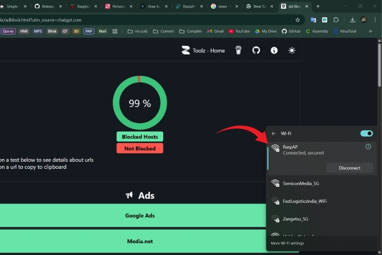 Successfully blocked advertisements using DNS filtering on Raspberry Pi router