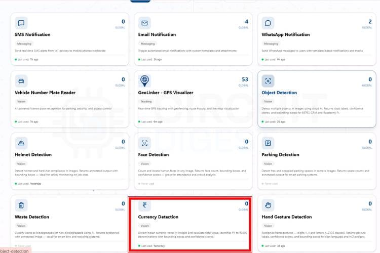 CircuitDigest Cloud home page showing the Indian currency recognition API feature card