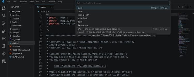 Compiling the Code Selecting the Build Task 