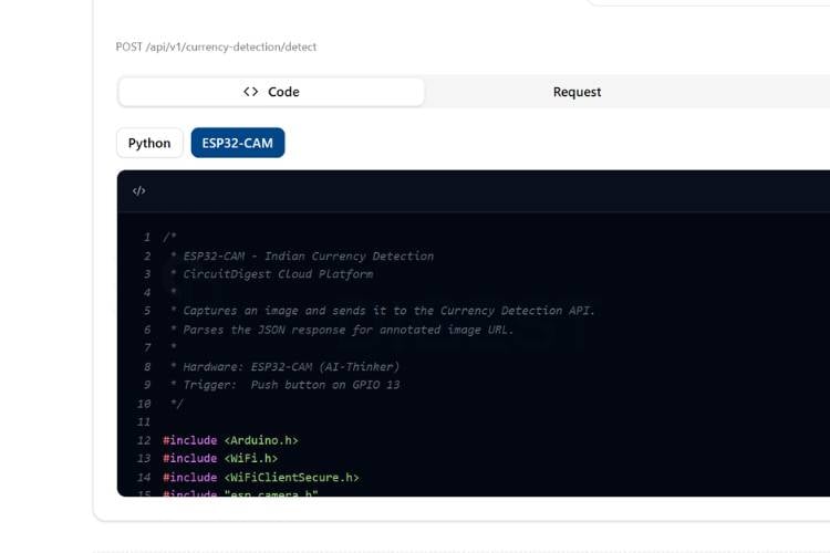 Arduino IDE showing ESP32-CAM code for Indian currency recognition with Wi-Fi SSID, password, and API key fields highlighted