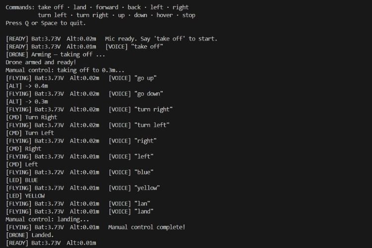 Vosk speech recognition model output in Python terminal — converting voice commands to text for ESP32 drone control