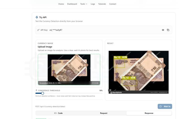CircuitDigest Cloud API test result showing detected Indian currency denomination with confidence score