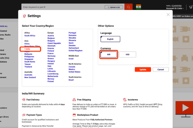 Setting India location and INR currency for DigiKey India payment options and local logistics