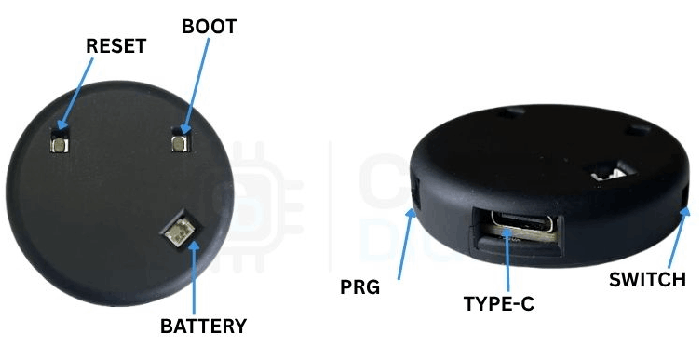 ESP32-2424S012 back view showing JST LiPo connector and IP5306 battery charging IC ESP32-2424S012 - back view with JST LiPo connector