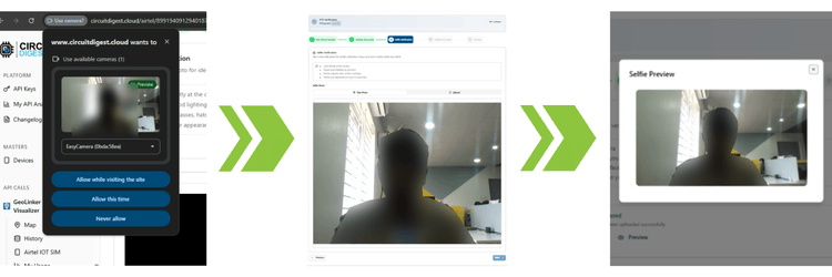 Airtel M2M SIM KYC selfie verification process showing camera access prompt, live capture, and preview confirmation steps