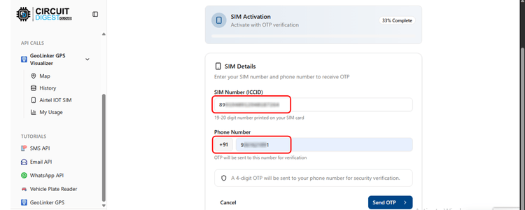 GeoLinker SIM activation screen showing ICCID entry field, mobile number input, and OTP verification for Airtel M2M SIM card