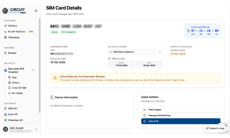 Circuit Digest Cloud SIM card details page showing Airtel M2M SIM active status, KYC verification, ICCID, IMSI, and plan expiry date
