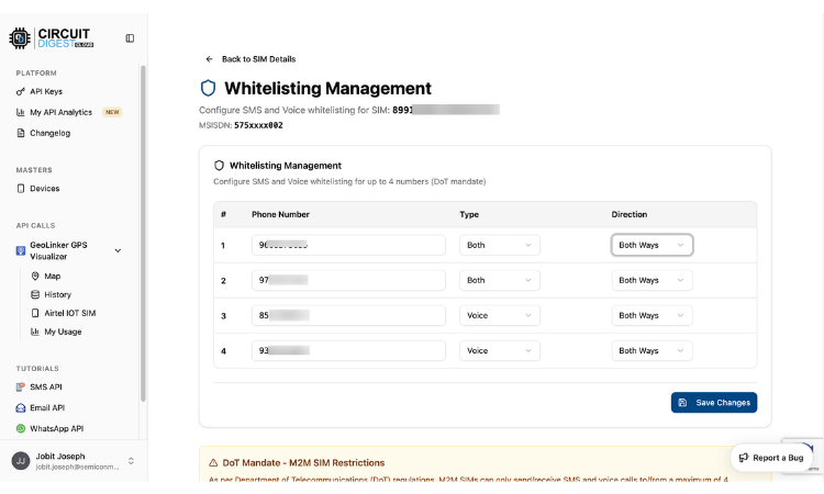 Airtel M2M SIM whitelisting management screen on Circuit Digest Cloud showing SMS and voice number configuration options