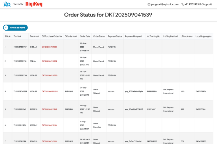 Order tracking interface for monitoring DigiKey India shipment through AqTronics logistics
