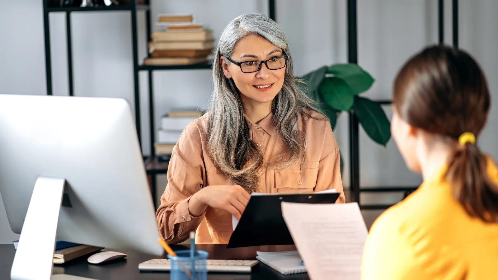 Photo of a woman CEO sitting at a desk in front a of computer interviewing a woman job candidate.